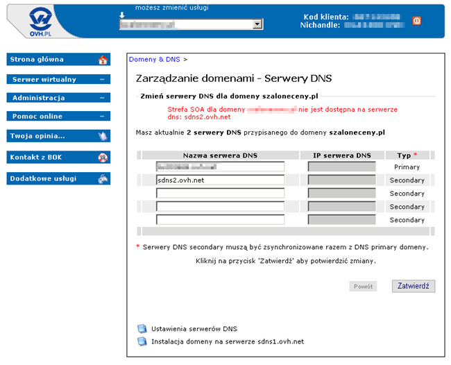 Błąd występujący przy próbie zmiany serwerów DNS domeny w panelu OVH